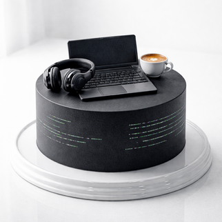 Торт в стиле минимализм с ноут буком, наушниками и чашкой кофе