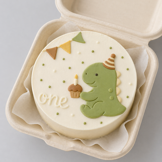 Бенто торт на 1 год с динозавриком и праздничными флажками — для нежного первого дня рождения