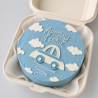 Бенто торт на 1 годик с машинкой и облаками — для нежного первого дня рождения