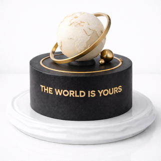 Торт белый с золотом глобус на черной платформе