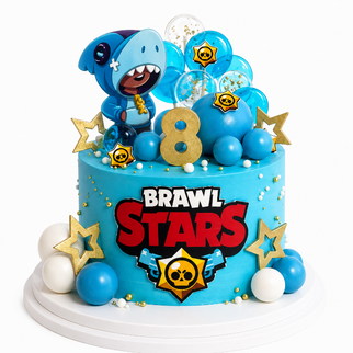 Торт c героями игры Brawl Stars с леденцами и золотыми звездами