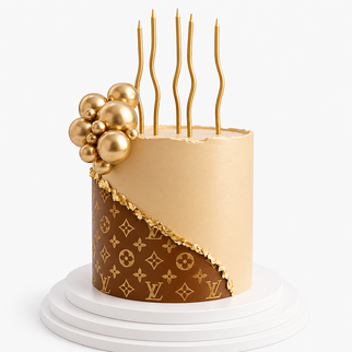 Модный торт в стиле LOUIS VUITTON с золотыми шарами и свечами