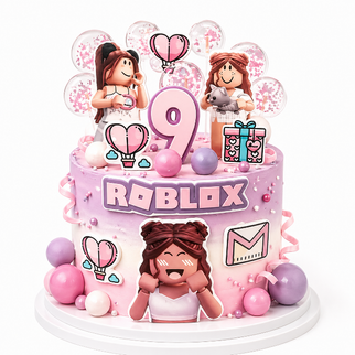 Торт Roblox розовый с фигурками, леденцами и шариками