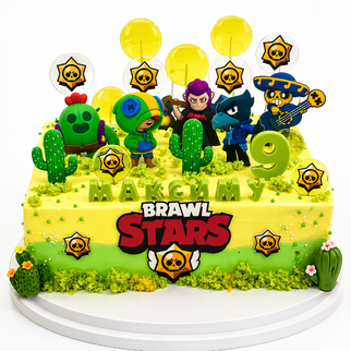 Торт с героями Brawl Stars с кактусами и леденцами
