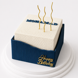 Торт дизайнерский синий с белым со свечами на юбилей с надписью Happy Birthday