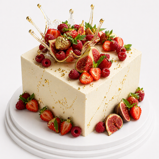 Торт белый куб с золотом инжиром, клубникой и малиной на праздник
