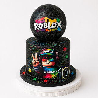 Торт бомба Roblox черный с разноцветными звездами для мальчика на день рождения 10 лет