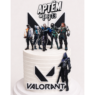 Торт черно-белый на день рождения подростку 13 лет с героями игры Valorant
