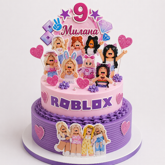 Торт Roblox сиреневый с сердечками для девочки на день рождения