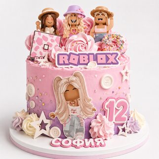 Торт с героями игры Roblox розовый для девочки на день рождения 12 лет