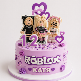 Торт с героями игры Roblox розовый с сердечками для девочки на 12 лет