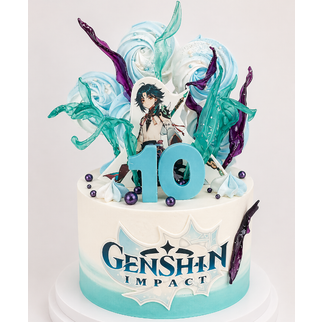 Торт голубой с героями игры GenShin Impact с леденцами на день рождения 10 лет