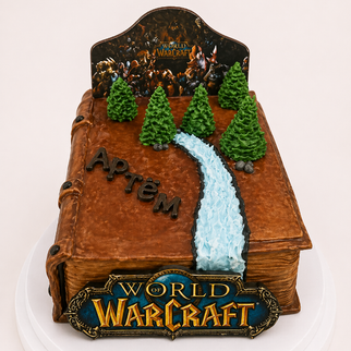 Торт в виде книги с героями игры WarCraft с эмблемой на день рождения мальчику