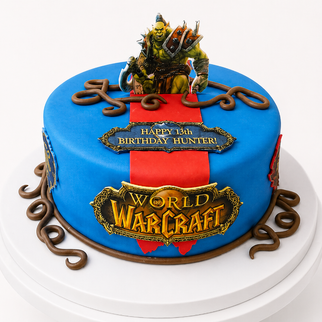 Торт с героями и эмблемой игры WarCraft и надписью С днем рождения охотник