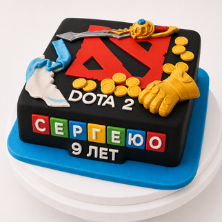 Торт черный с эмблемой игры Dota-2, фишками и перчаткой на день рождения мальчику 9 лет