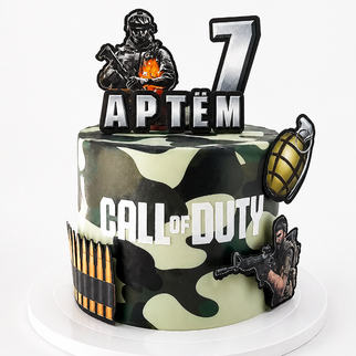 Торт цвета хаки на тему игры Call of Duty с пистолетом, гранатой, обоймой в фотопечати