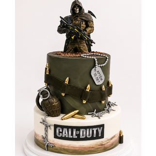 Торт цвета хаки на тему игры Call of Duty с зомби-воином, гранатой и обоймой в 3Д на день рождения 10 лет