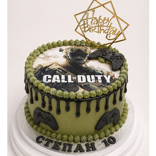 Торт цвета хаки на тему игры Call of Duty с фотопечатью воина на день рождения