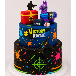 Торт 2 яруса с 3Д элементами игры Fortnite для дня рождения поклонника игры
