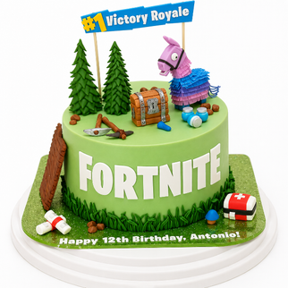 Торт в стиле игры Fortnite с 3Д фигурками лама, сундук, аптечка и елки на день рождения поклонника игры