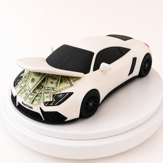 Торт белый автомобиль 3Д с долларами