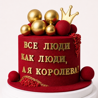 Торт красный с велюровым покрытием с золотыми шарами, короной и надписью