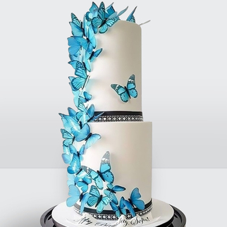 0 Свадебный торт с синими бабочками и блестками