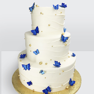 0 Свадебный торт с синими бабочками и золотыми бусинами