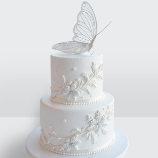 0 Свадебный торт с узором, цветами и бабочкой 2 яруса