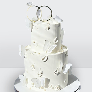 0 Свадебный торт с бабочками 2 яруса и обручальными кольцами