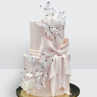 0 Свадебный торт розовый с бабочками и бантом 2 яруса
