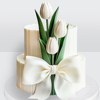 0 Свадебный торт с бантом и тюльпанами