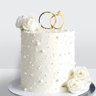 0 Свадебный торт с обручальными кольцами и жемчужинами, с белыми розами