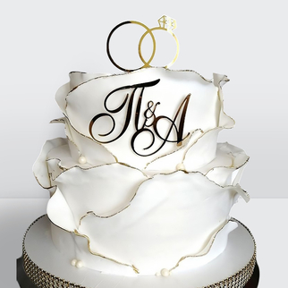 0 Свадебный торт с обручальными кольцами, инициалами в форме розы