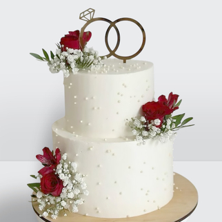 0 Свадебный торт с обручальными кольцами и жемчужинами, с красными розами