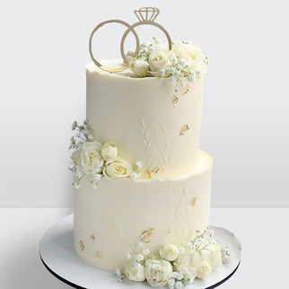 0 Свадебный торт с обручальными кольцами и белыми розами