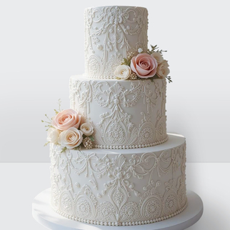 0 Свадебный торт с кружевом и розами с изящным декором и утончённой композицией оформления