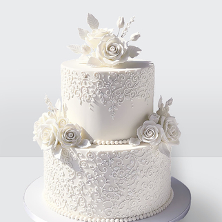 0 Свадебный торт с кружевом и белыми розами с изящным декором и утончённой цветочной композицией