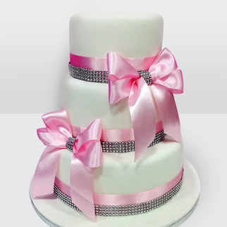 0 Свадебный торт с розовыми лентами с нежным декором и романтичной композицией оформления