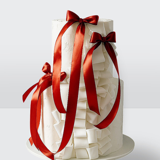 0 Свадебный торт с красными лентами и рюшами с эффектным декором и изящной текстурой оформления