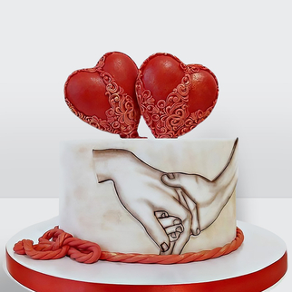 0 Свадебный торт с красными сердечками и руками фотопечатью с оригинальным декором и романтичной композицией