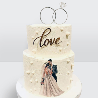 0 Свадебный торт с фотопечатью и кольцами с изящным декором и символичной композицией