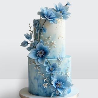 Торт с голубыми цветами градиент 2 яруса с плавным переходом оттенков и нежным декором