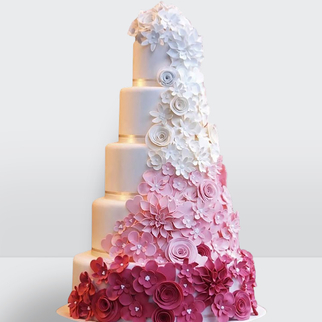 Торт с цветами из мастики 5 ярусов градиент розовый с плавным переходом оттенков и нежным декором