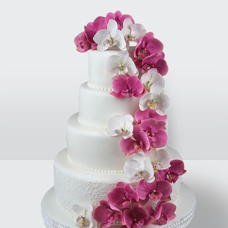 Торт с розовыми орхидеями из мастики 4 яруса с изящным декором и утончённой цветочной композицией