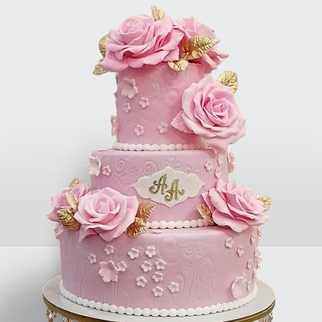 Торт с розами из мастики 3 яруса розовый с золотом с роскошным декором и изящной композицией