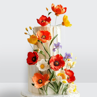 0 Свадебный торт с разноцветными цветами с ярким декором и гармоничным сочетанием оттенков