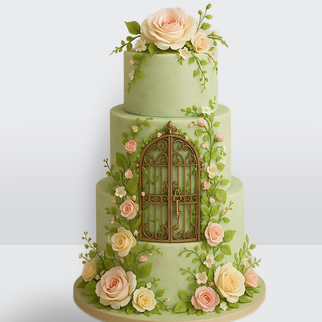 Свадебный торт с розами салатовый в винтажном стиле с изящным декором и утонченной классической эстетикой