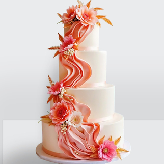 Торт с разноцветными цветами и драпировкой с эффектным декором и плавными линиями