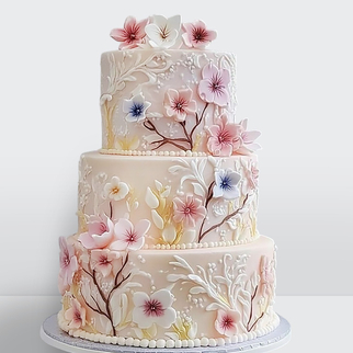 0 Свадебный торт с цветами весенний 3 яруса с узором с изящным декором и нежной весенней композицией